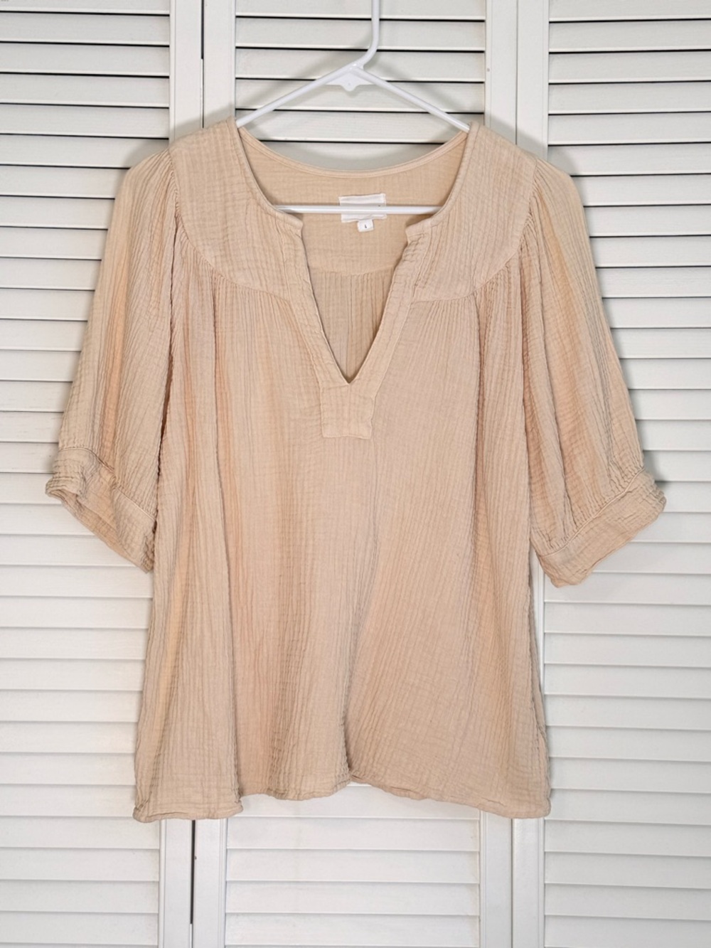 Honorine Gauze Top Women’s Beige V-Notch Puff Sleeve 100% Cotton Size L Boho